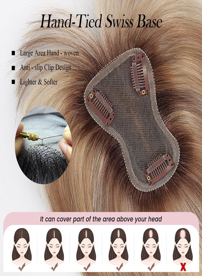 EMMOR 10 Inch Real Human Hair Topper for Women - Upgrade Swiss Lace Base with 3 Non-Slip Clips, 4.5" x 3" Clip in Bangs for Thinning Hair & Natural Hair Loss Coverage(Ombre Blonde & Brown Highlight) - Image 3